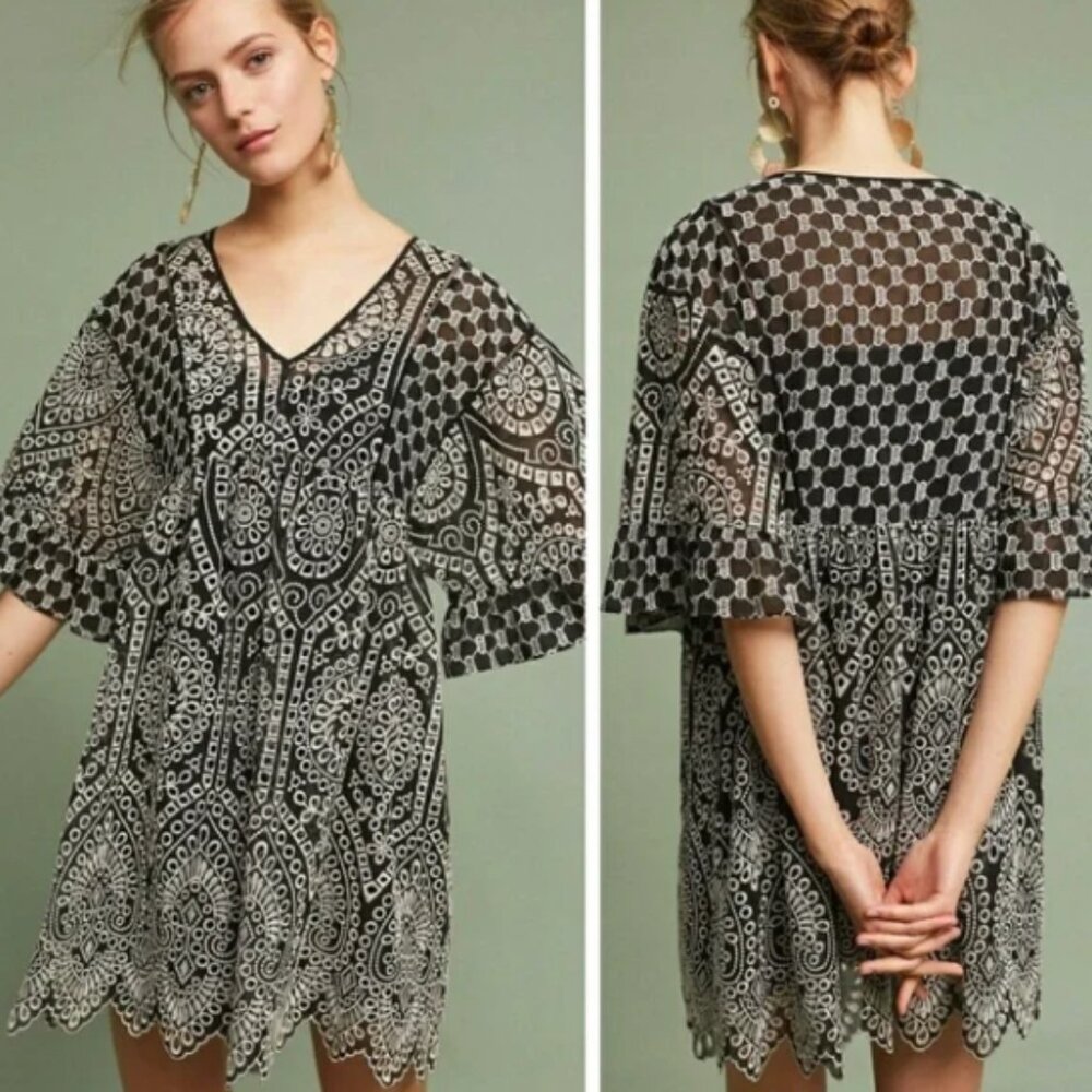 Akemi + Kin Anthropologie Brooke Eyelet Swing Dress Black White Size 2 NWT